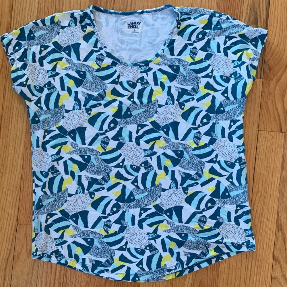 Lands' End Kids' Teal and Yellow Fish Print Tee
